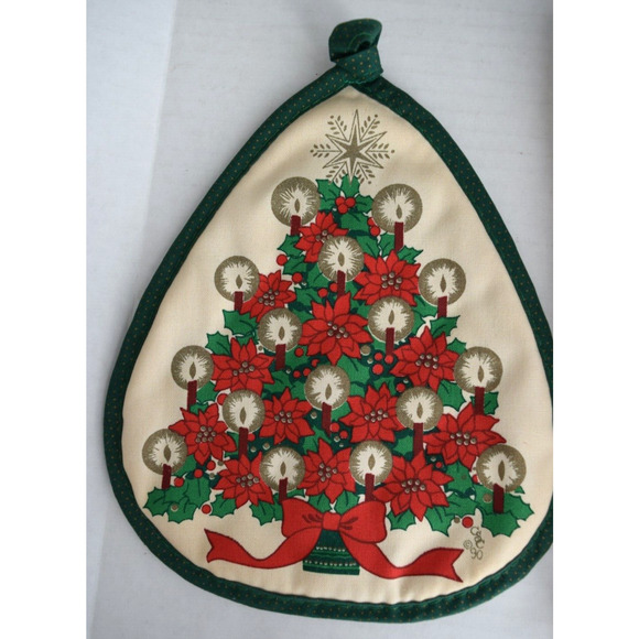 Cecil Saydah 3pc Christmas Kitchen Towel Set Poinsettia Tree Hot Pad Tie Vtg - Picture 3 of 5